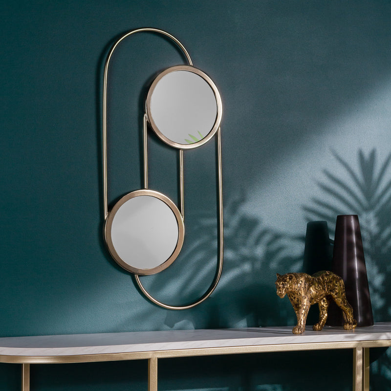 Yard Abstract Double Round Circular Wall Mirror in Brass