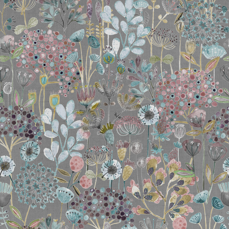 Floral Grey Fabric - Ailsa Printed Cotton Fabric (By The Metre) Granite Voyage Maison