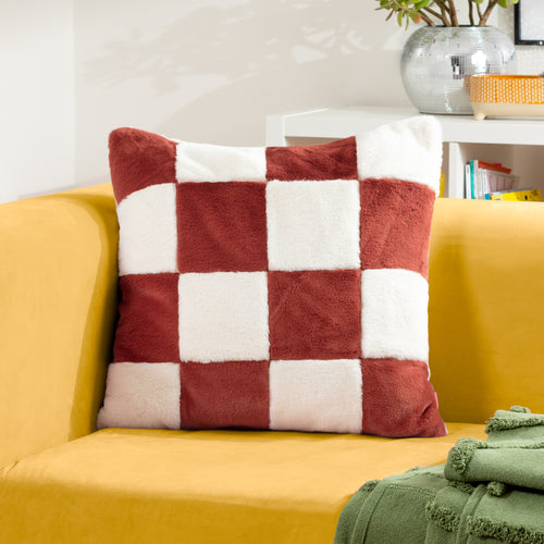 Check Orange Cushions - Cozee Check Faux Fur Cushion Cover Rust Heya Home