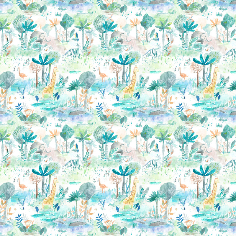 Voyage Maison Jungle Fun Printed Cotton Fabric in Aqua