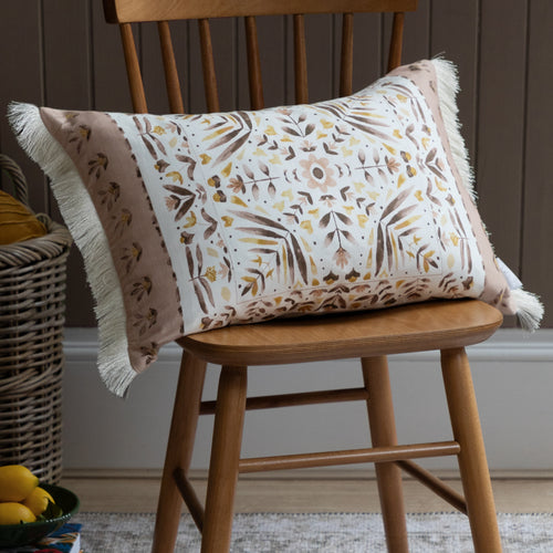Geometric Brown Cushions - Kari Printed Ruche Fringe Feather Filled Cushion Stone Voyage Maison