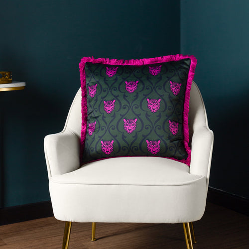 Paoletti Lupita Fringed Cheetah Cushion Cover in Emerald/Pink