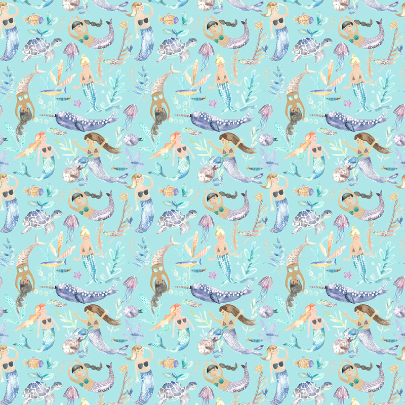 Voyage Maison Mermaid Party Printed Cotton Fabric in Aqua