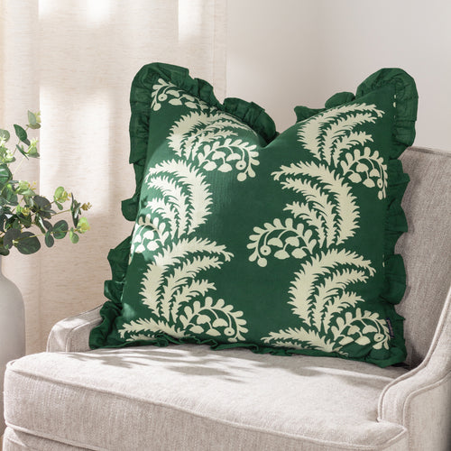 Paoletti Montrose Floral Pleat Fringe Cushion Cover in Bottle Green