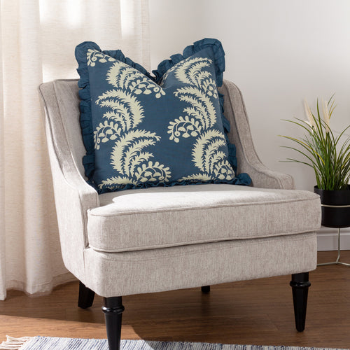 Paoletti Montrose Floral Pleat Fringe Cushion Cover in French Blue