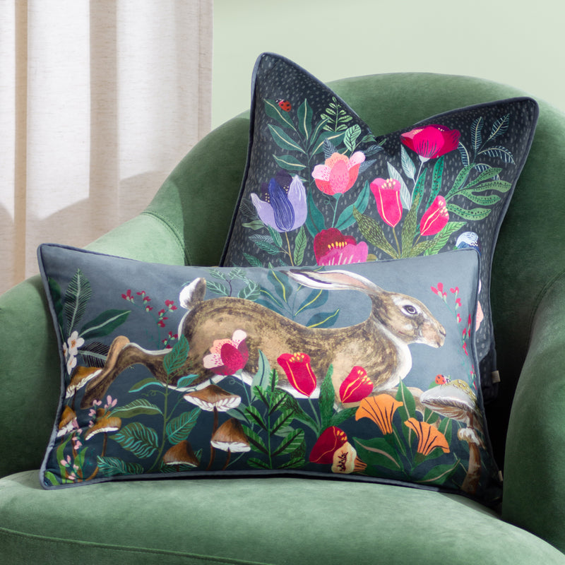 Wylder Wild Garden Leaping Hare Cushion Cover in Navy