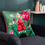 Kate Merritt Flower Girl Illustrated Cushion Cover in Emerald/Pink