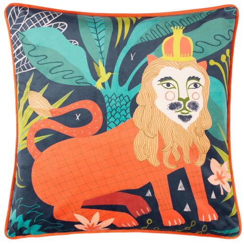 Kate Merritt Lion Illustrated Cushion Cover in Navy/Orange