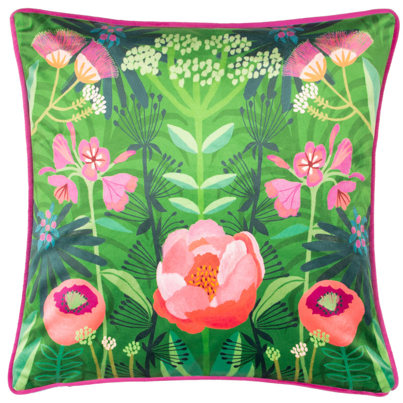 Kate Merritt Spring Blooms Illustrated Cushion Cover in Green/Fuchsia