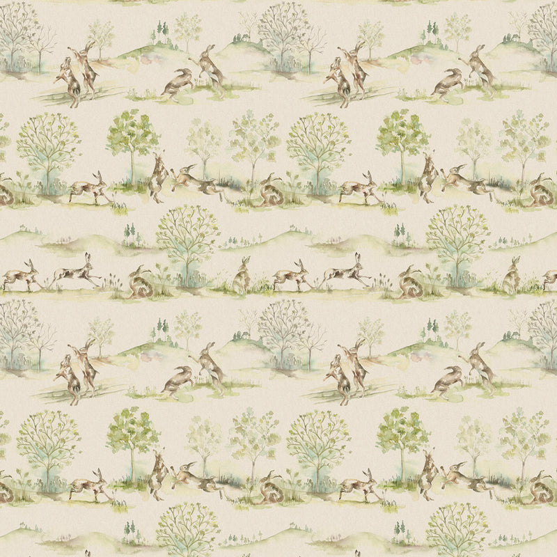 Voyage Maison Boxing Hares Printed Linen Fabric in Natural