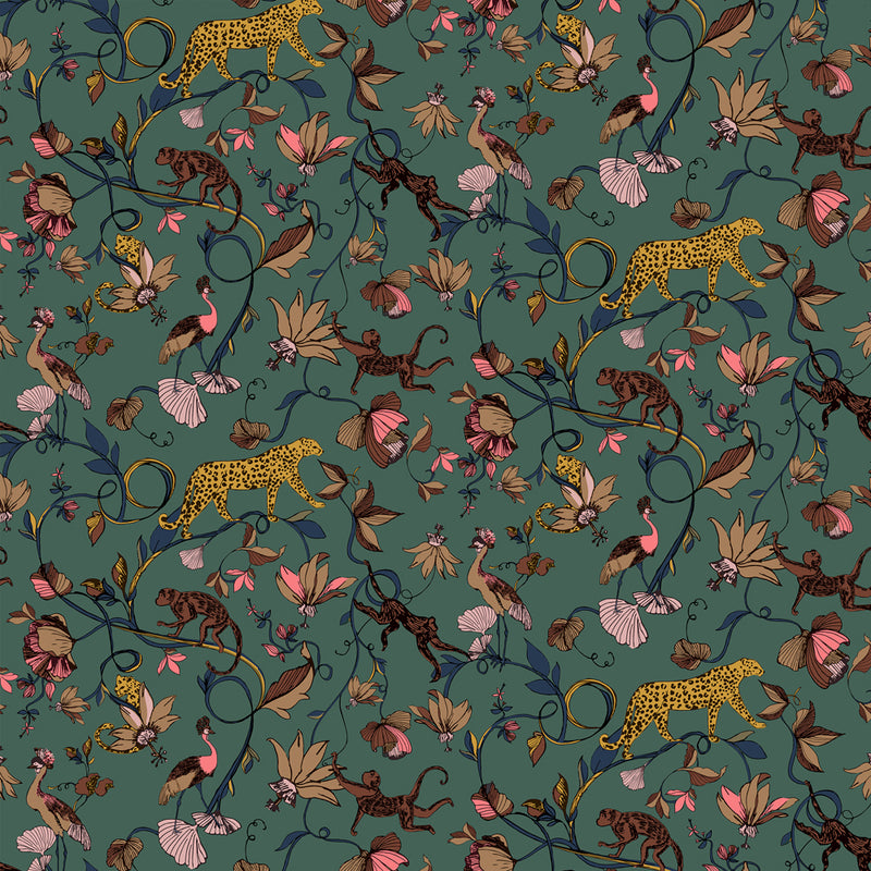 furn. Exotic Wildlings Wallpaper in Juniper Green