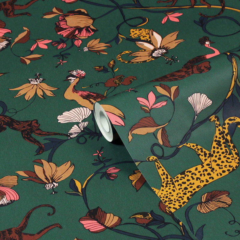 furn. Exotic Wildlings Wallpaper Sample in Juniper Green