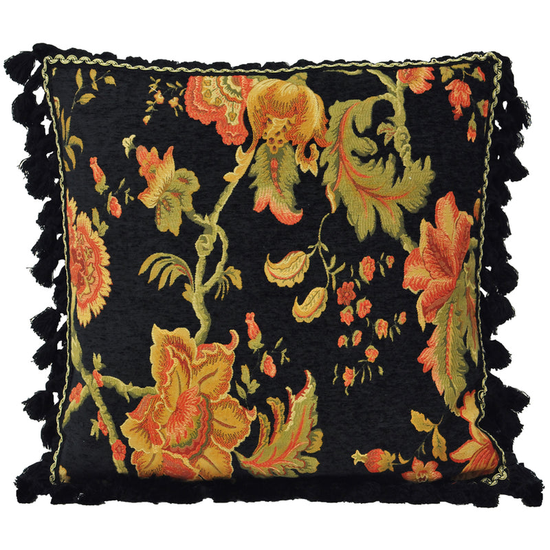 Paoletti Fairvale Floral Tasselled Cushion Cover in Black