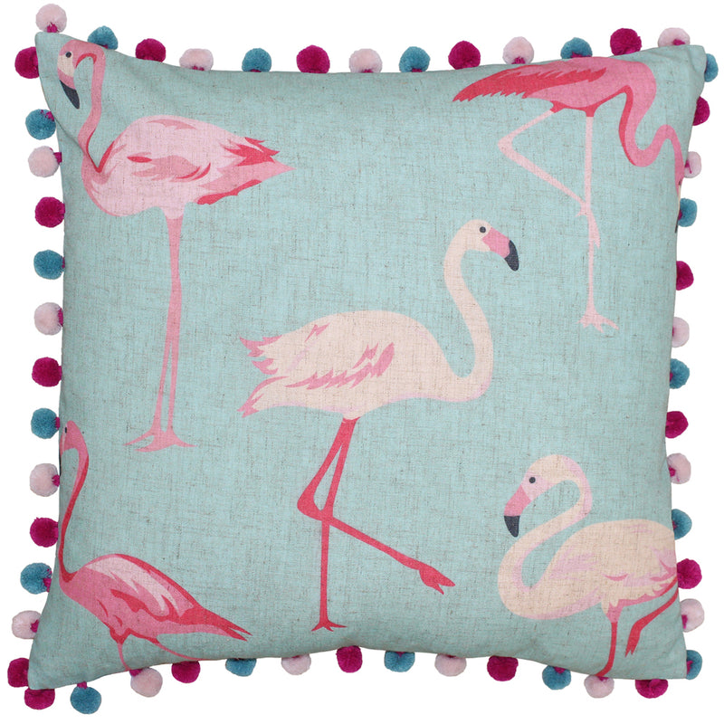 Paoletti Flamingo Printed Cushion Cover in Duck Egg