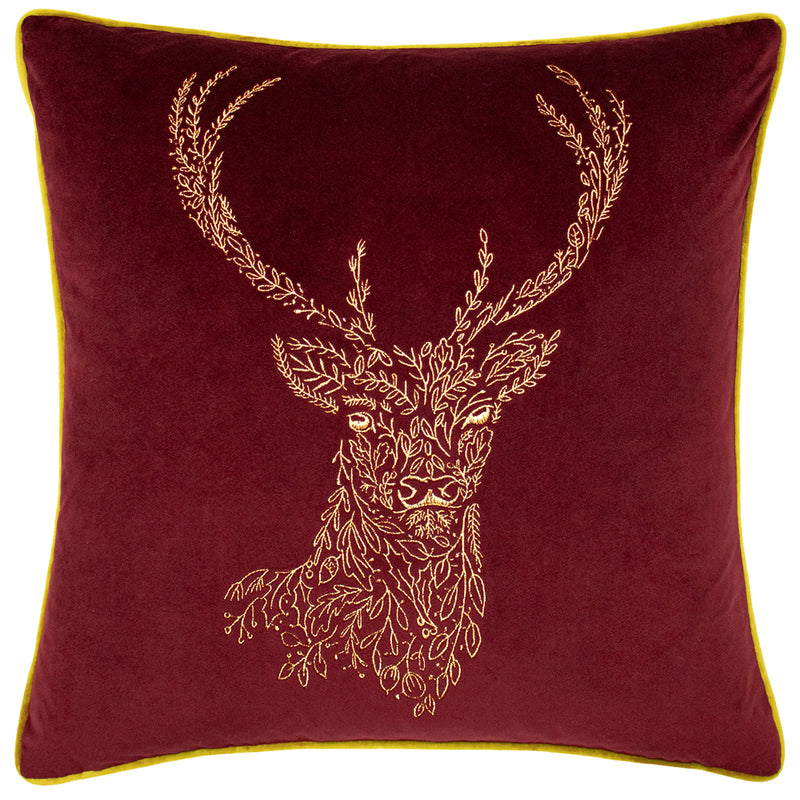 furn. Forest Fauna Woodland Stag Square Cushion Cover in Burgundy/Gold