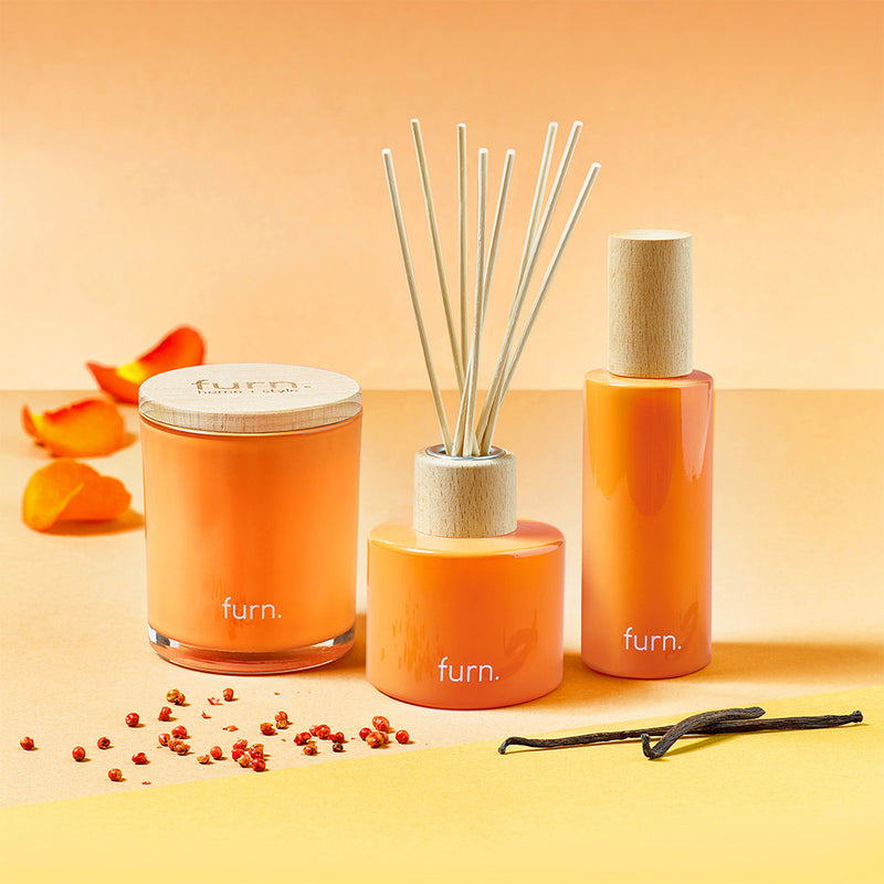 furn. Kindred Bergamot, Berry, Vanilla + Patchouli Scented Reed Diffuser in Apricot