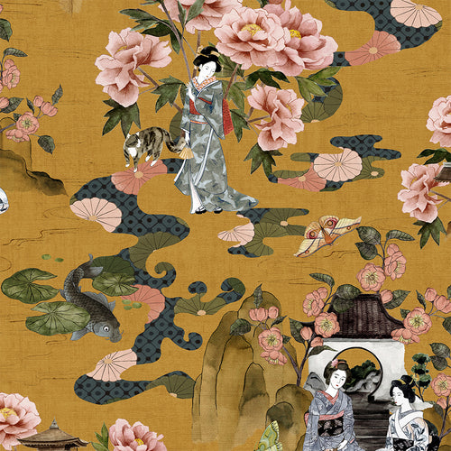Paoletti Geisha Floral Wallpaper Sample in Ochre