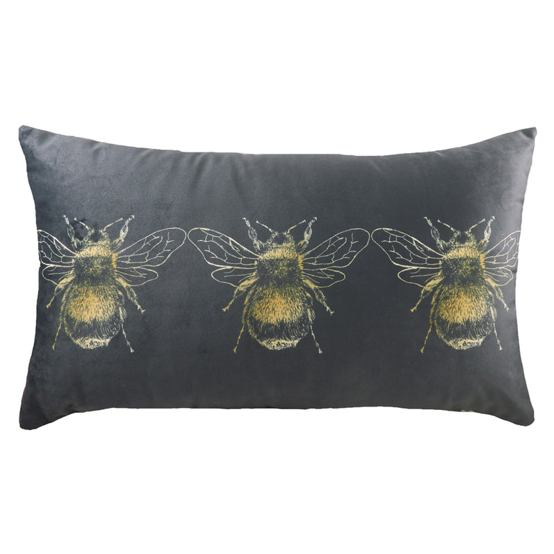 Evans Lichfield Gold Bee Rectangular Velvet Cushion Cover in Grey