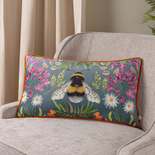 Wylder House of Bloom Zinnia Bee Rectangular Cushion Cover in Steel Blue