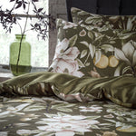 EW by Edinburgh Weavers Lavish Floral Printed Piped Cotton Sateen Duvet Cover Set in Moss