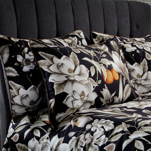 EW by Edinburgh Weavers Lavish Floral Printed Piped Cotton Sateen Pillowcase Pair in Noir