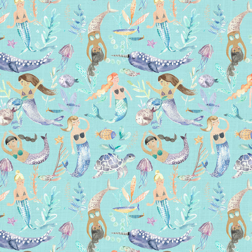 Voyage Maison Mermaid Party Printed Cotton Fabric in Aqua