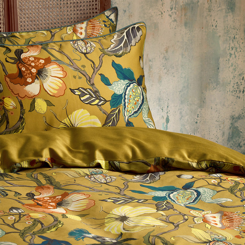 EW by Edinburgh Weavers Morton Floral Printed Cotton Sateen Piped Duvet Cover Set in Ochre