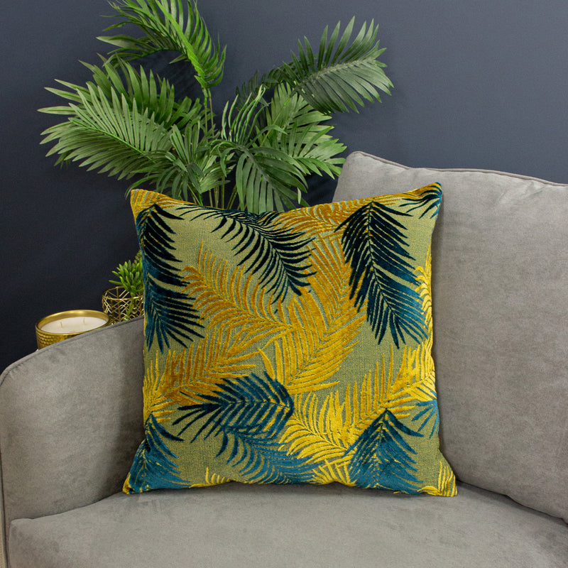 Palm Grove Velvet Jacquard Cushion Gold/Teal