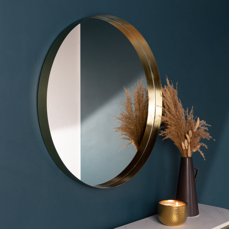 Yard Thin Round Deep Edge Circular Wall Mirror in Brass