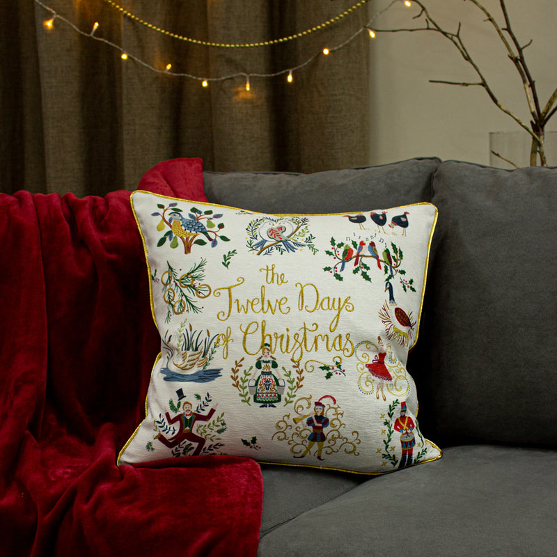 furn. 12 Days of Xmas Embroidered Cushion Cover in Gold