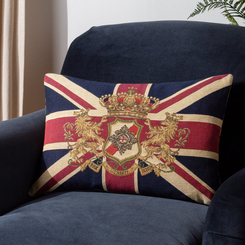 Evans Lichfield Union Jack Lion Crest Flag Tapestry Cushion Cover in Blue/Red