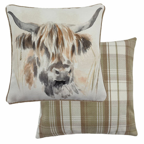 Evans Lichfield Watercolour Highland Cow Cushion Cover in Tan